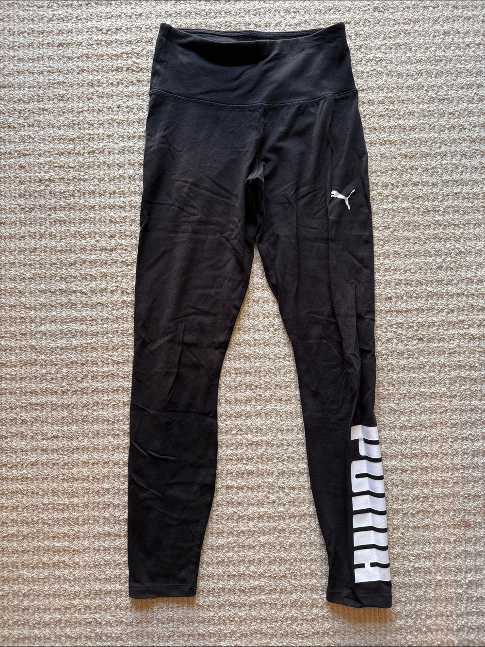 Puma Black Leggings with White Logo & Side Print - Kids